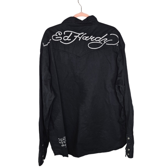 Vtg y2k Ed Hardy black embroidered pearl snap long sleeve shirt - Picture 1 of 9